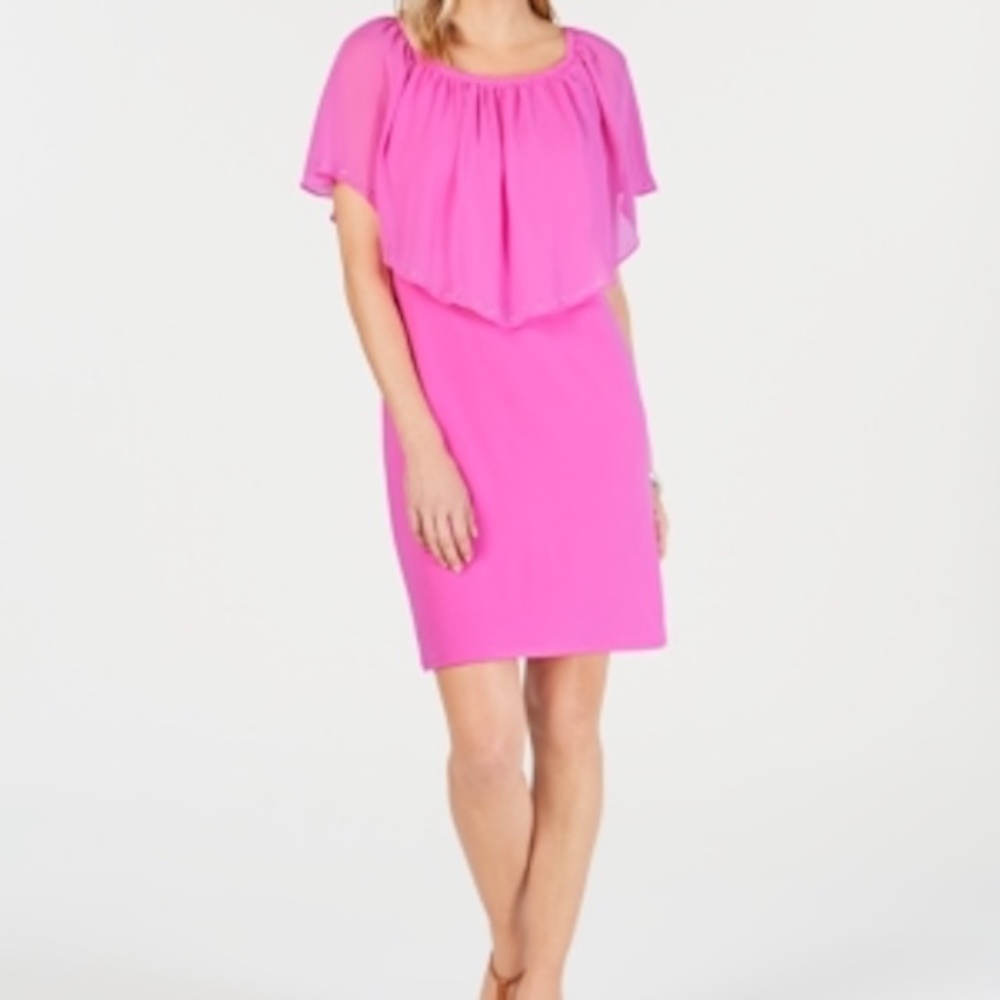 JM Collection Womens Medium Dress Peony Bloom Pink Silver Studs Sheer Overlay